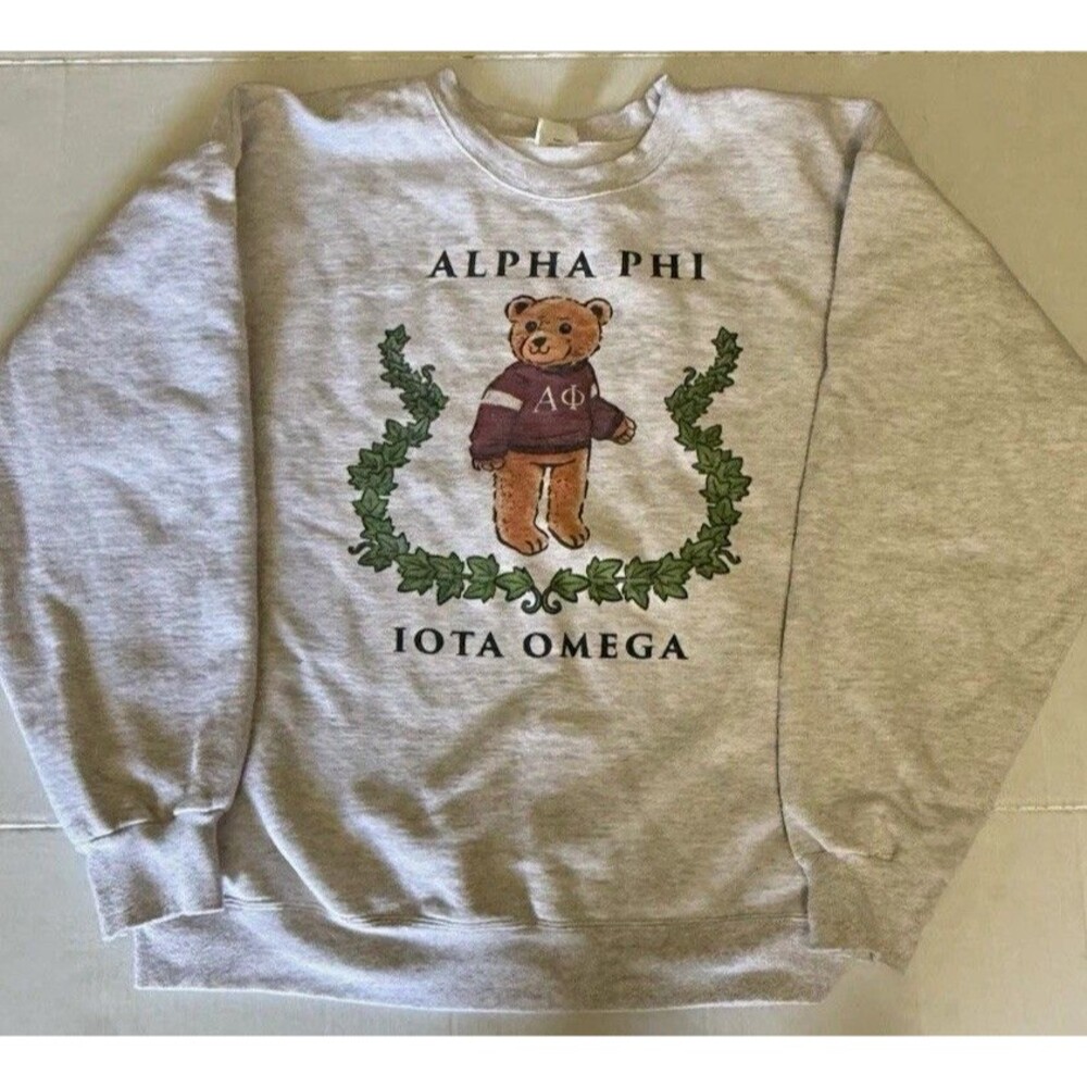 Ole Miss Alpha Phi Iota Omega Bear Crewneck Sweatshirt Large Distressed Gray